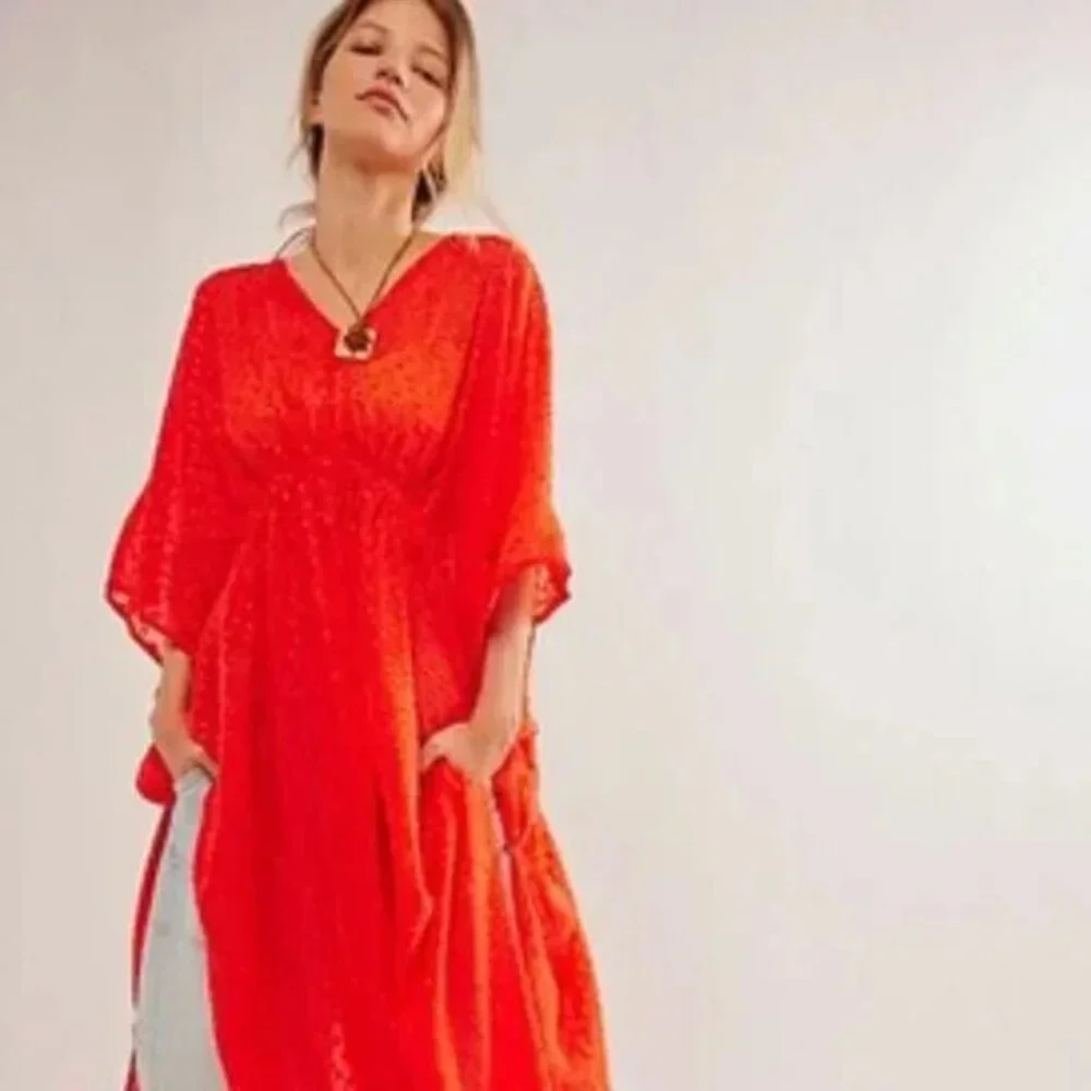 Free People Stevie Sheer Kaftan in Red NWT One Size - Picture 2 of 8